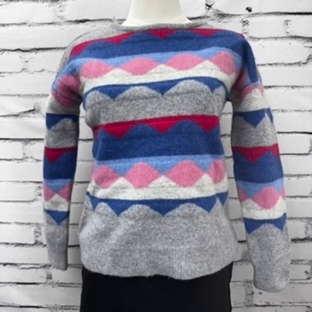 WoolOvers 100% Lambswool Geometric Crew Neck Sweater Pink Blue Grey Womens M